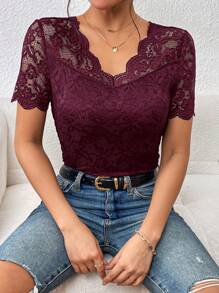 SHEIN Frenchy 貝殼邊蕾絲上衣 - 酒紅色 - 查看 6