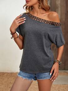 SHEIN Clasi Contrast Lace Asymmetrical Neck Batwing Sleeve Tee - Dark Grey - View 5