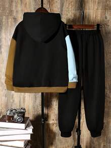 Tween Boy Letter Graphic Colorblock Kangaroo Pocket Hoodie & Sweatpants - Multicolor - View 2