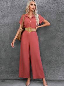 SHEIN VCAY Chất rắn Nút phía trước Áo liền quần Không có thắt lưng - Màu Hồng  Dưa hấu - Xem 1