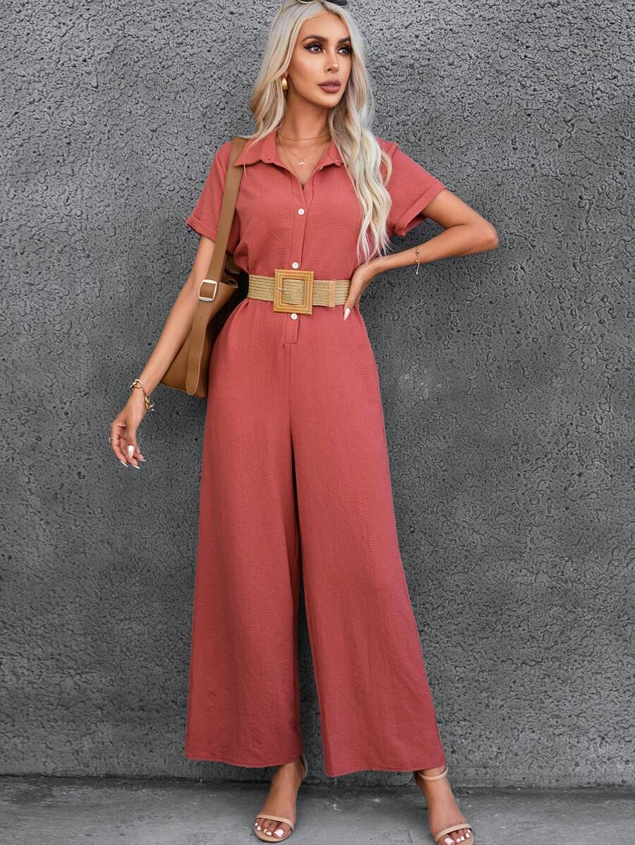 SHEIN VCAY Chất rắn Nút phía trước Áo liền quần Không có thắt lưng - Màu Hồng  Dưa hấu - Xem 1