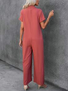 SHEIN VCAY Chất rắn Nút phía trước Áo liền quần Không có thắt lưng - Màu Hồng  Dưa hấu - Xem 2