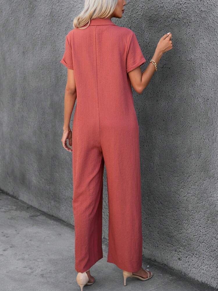 SHEIN VCAY Chất rắn Nút phía trước Áo liền quần Không có thắt lưng - Màu Hồng  Dưa hấu - Xem 2