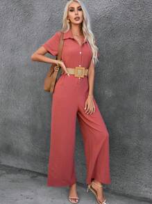 SHEIN VCAY Chất rắn Nút phía trước Áo liền quần Không có thắt lưng - Màu Hồng  Dưa hấu - Xem 3