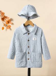 SHEIN Young Boy 1pc Letter Patched Detail Dual Pocket Button Up Coat - Grey - View 3