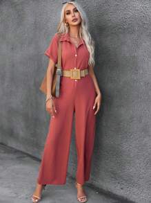 SHEIN VCAY Chất rắn Nút phía trước Áo liền quần Không có thắt lưng - Màu Hồng  Dưa hấu - Xem 5