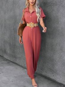 SHEIN VCAY Chất rắn Nút phía trước Áo liền quần Không có thắt lưng - Màu Hồng  Dưa hấu - Xem 6