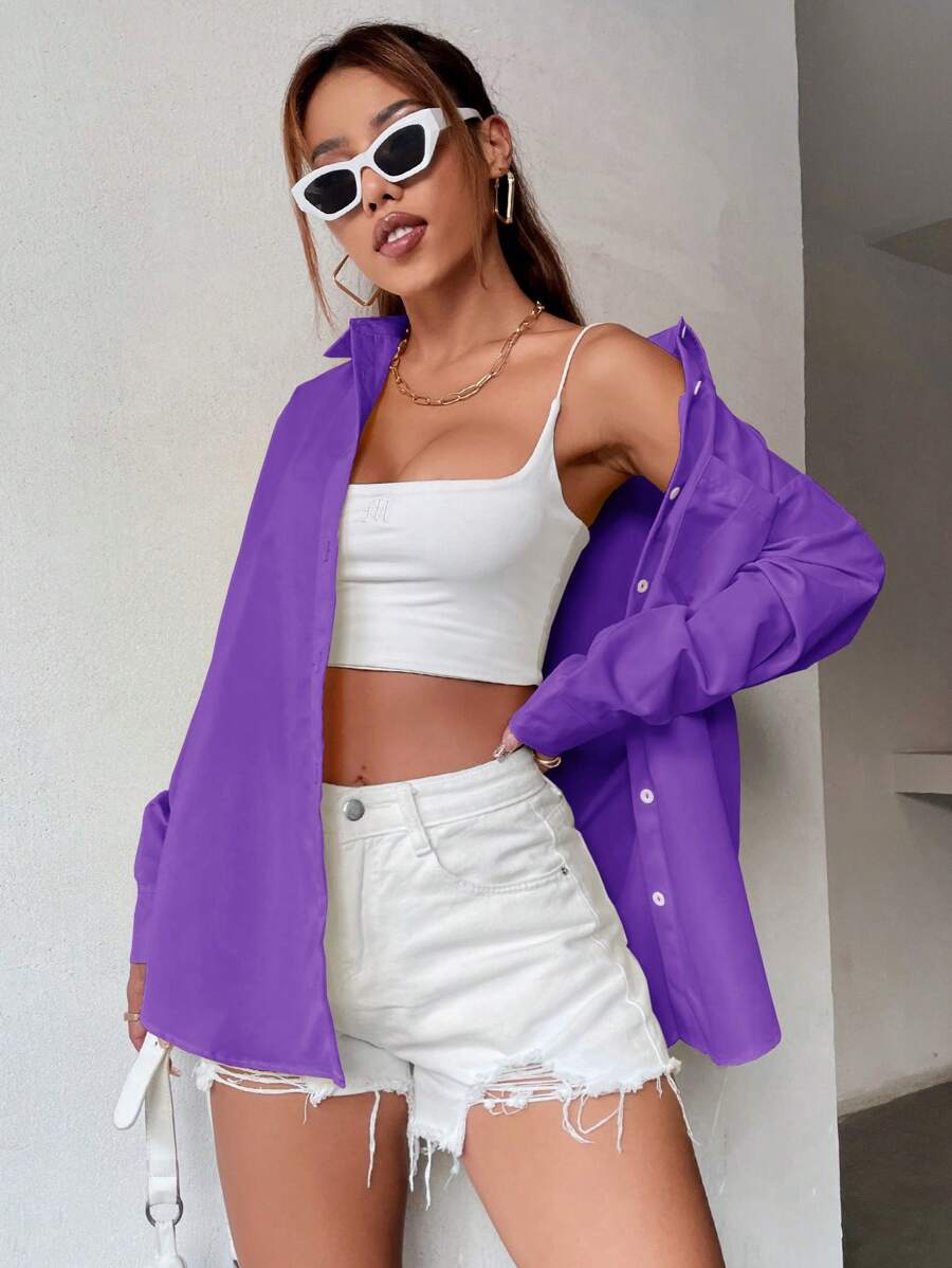 SHEIN Unity Solid Pocket Patched Button Front Shirt - Purple - View 1
