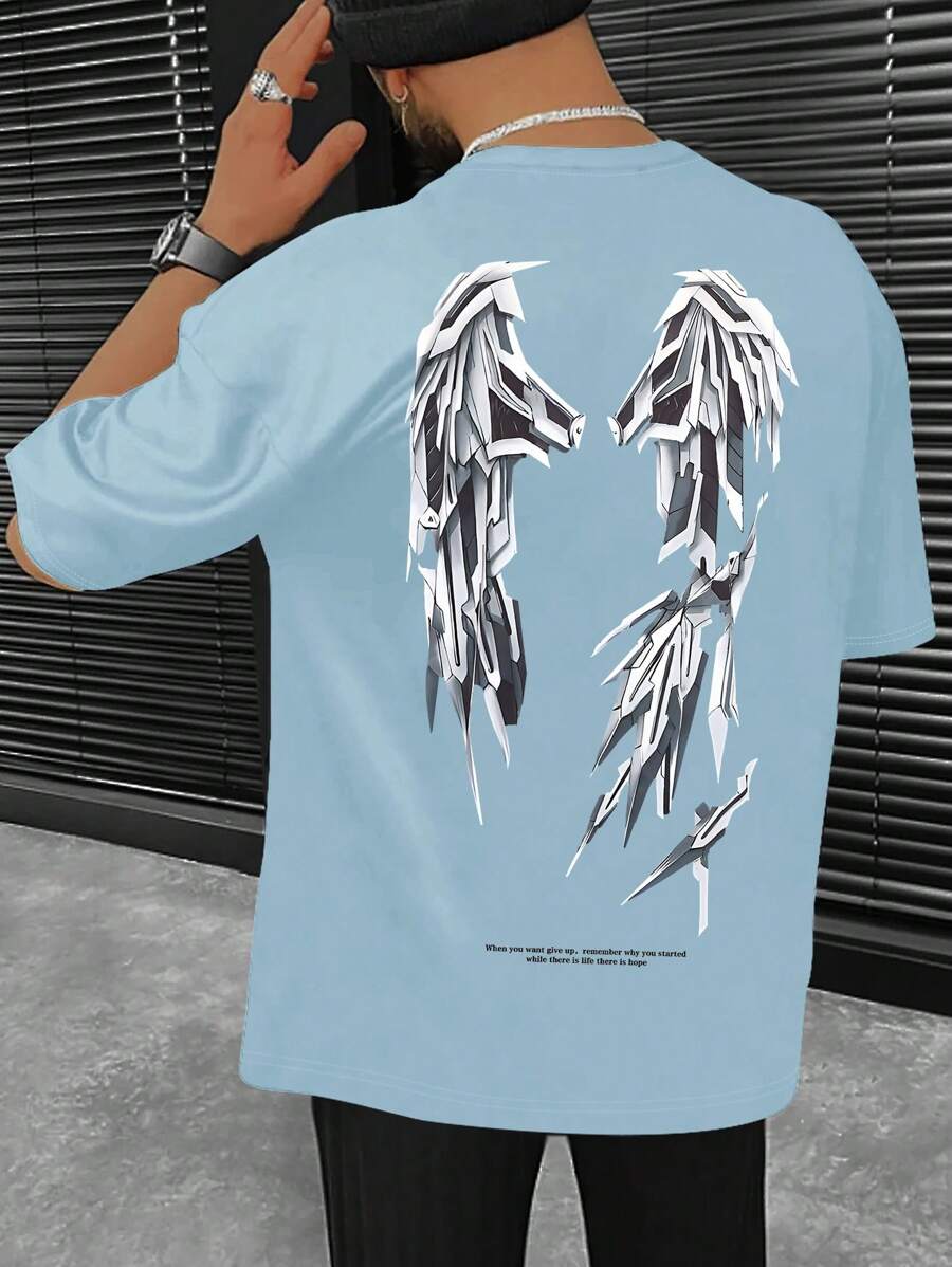 Manfinity LEGND 男士翅膀&標語圖案落肩T恤 - 藍色 - 查看 1