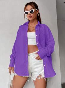 SHEIN Unity Solid Pocket Patched Button Front Shirt - Purple - View 3