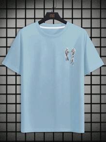 Manfinity LEGND 男士翅膀&標語圖案落肩T恤 - 藍色 - 查看 2