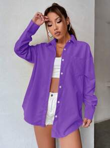 SHEIN Unity Solid Pocket Patched Button Front Shirt - Purple - View 4
