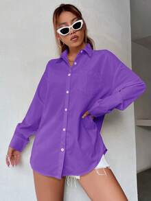 SHEIN Unity Solid Pocket Patched Button Front Shirt - Purple - View 5