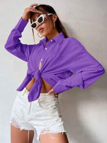 SHEIN Unity Solid Pocket Patched Button Front Shirt - Purple - View 6