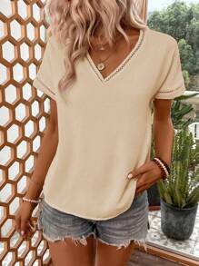 EMERY ROSE Blusa ribete en contraste de manga murciélago - Caqui - Ver 4