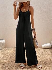 Breezaya Solid Slant Pocket Cami Jumpsuit - Black - View 3