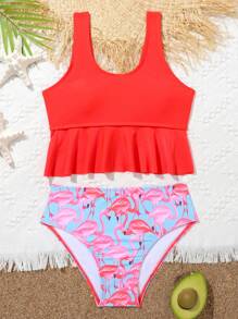 Conjunto de bikini con estampado de flamenco y volantes en el bajo para niña preadolescente, para playa de verano - Multicolor - Ver 1