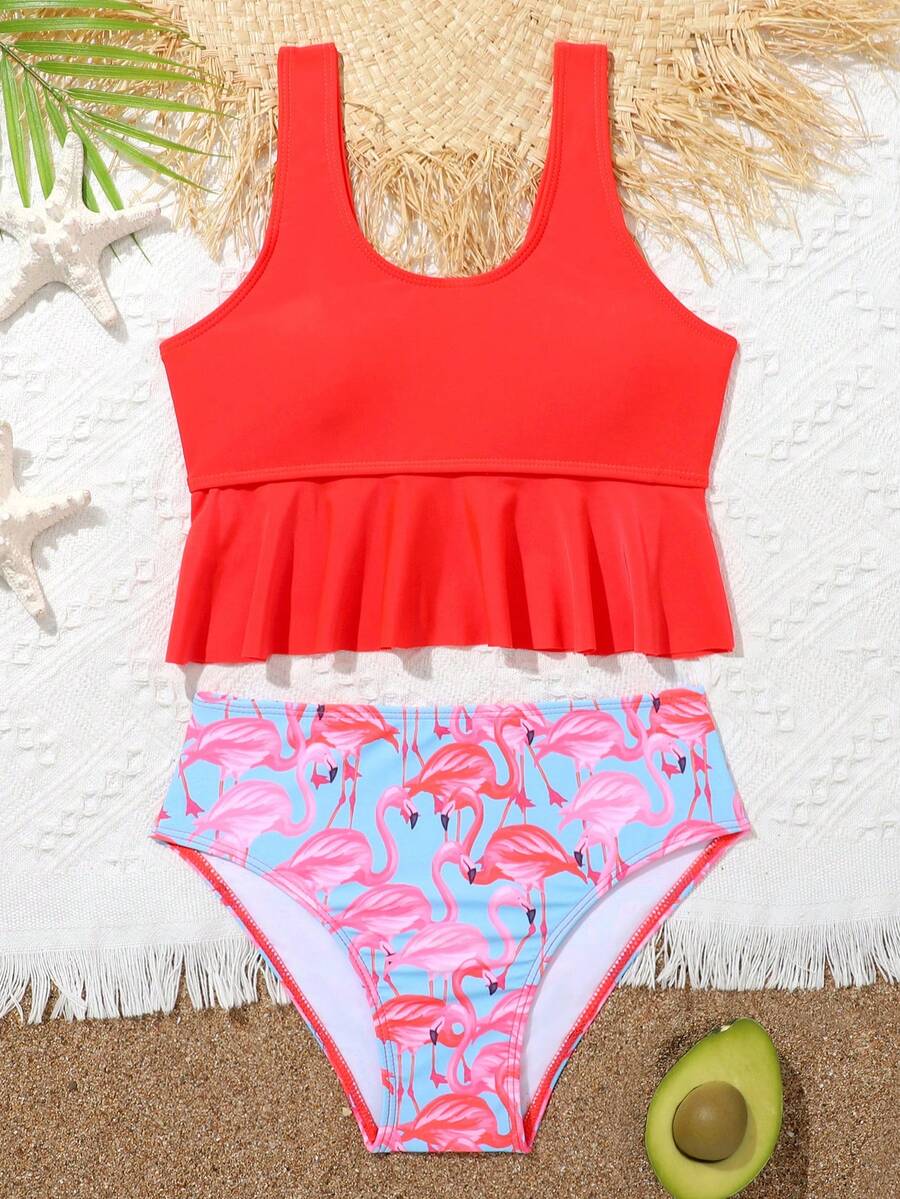 Conjunto de bikini con estampado de flamenco y volantes en el bajo para niña preadolescente, para playa de verano - Multicolor - Ver 1