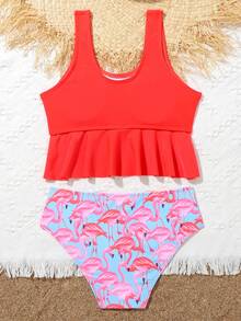 Conjunto de bikini con estampado de flamenco y volantes en el bajo para niña preadolescente, para playa de verano - Multicolor - Ver 2