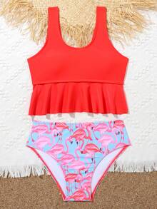 Conjunto de bikini con estampado de flamenco y volantes en el bajo para niña preadolescente, para playa de verano - Multicolor - Ver 5
