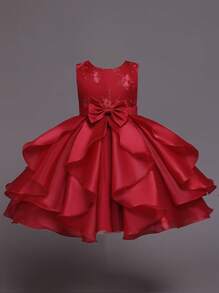 Tween Girl Big Bow Front Gown Dress - Burgundy - View 1