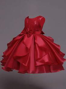 Tween Girl Big Bow Front Gown Dress - Burgundy - View 3