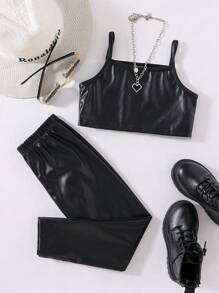 SHEIN Cô Gái Trẻ Chất rắn Hai Dây Da giả Áo & quần Leggings - màu đen - Xem 1