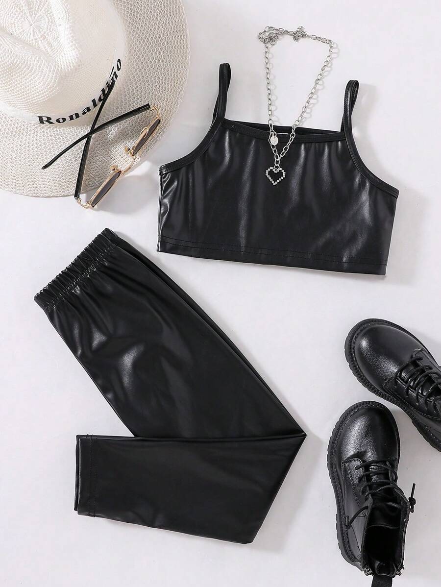 SHEIN Cô Gái Trẻ Chất rắn Hai Dây Da giả Áo & quần Leggings - màu đen - Xem 1