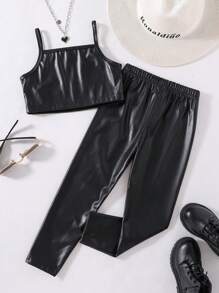 SHEIN Cô Gái Trẻ Chất rắn Hai Dây Da giả Áo & quần Leggings - màu đen - Xem 2