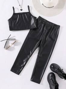 SHEIN Cô Gái Trẻ Chất rắn Hai Dây Da giả Áo & quần Leggings - màu đen - Xem 6