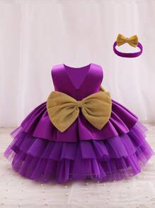 SHEIN Glamorique Kids Baby Girl Bow Front Layer Mesh Hem Party Dress With Headband - Purple - View 2