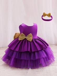 SHEIN Glamorique Kids Baby Girl Bow Front Layer Mesh Hem Party Dress With Headband - Purple - View 1