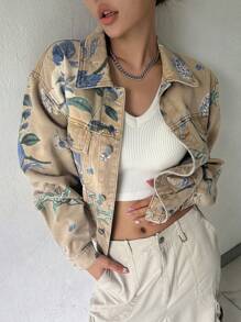 DAZY Floral Print Drop Shoulder Denim Jacket - Multicolor - View 1
