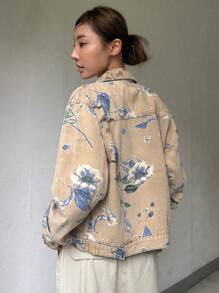 DAZY Floral Print Drop Shoulder Denim Jacket - Multicolor - View 2