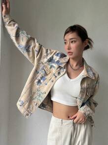 DAZY Floral Print Drop Shoulder Denim Jacket - Multicolor - View 3