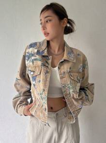DAZY Floral Print Drop Shoulder Denim Jacket - Multicolor - View 4