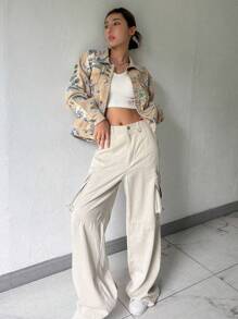 DAZY Floral Print Drop Shoulder Denim Jacket - Multicolor - View 8