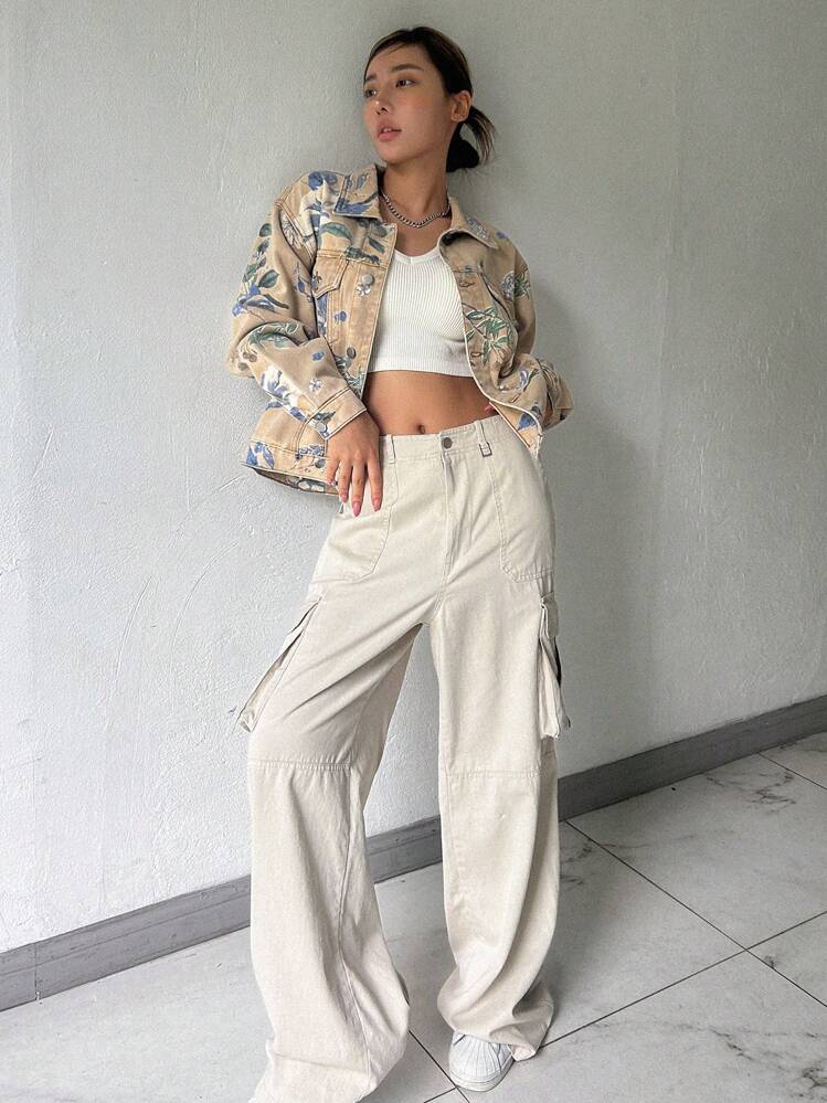 DAZY Floral Print Drop Shoulder Denim Jacket - Multicolor - View 8