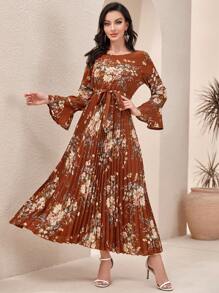 Modelyn 優雅 保守腰帶 百褶花卉印花女士連衣裙 - 棕色 - 查看 1