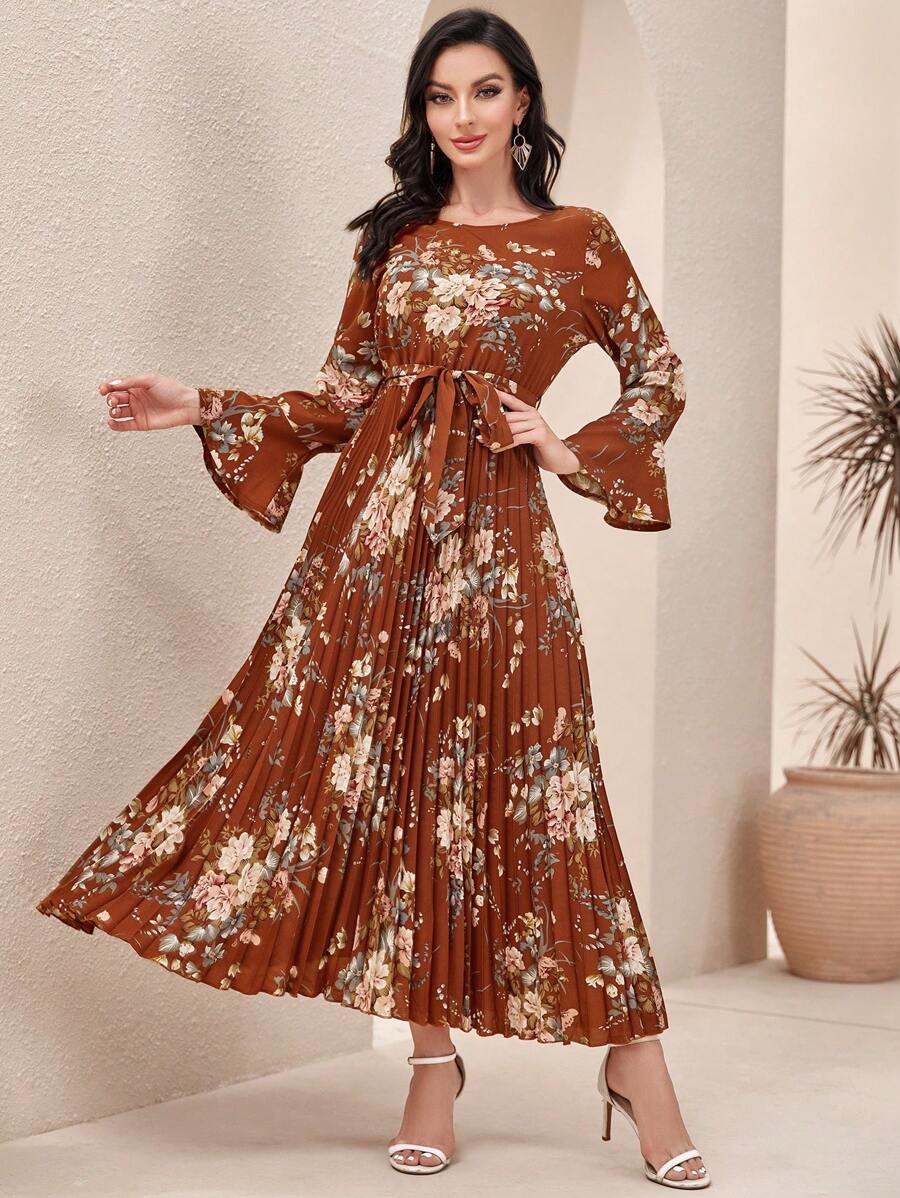 Modelyn 優雅 保守腰帶 百褶花卉印花女士連衣裙 - 棕色 - 查看 1