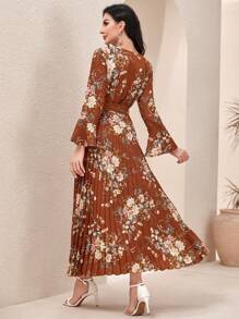 Modelyn 優雅 保守腰帶 百褶花卉印花女士連衣裙 - 棕色 - 查看 2