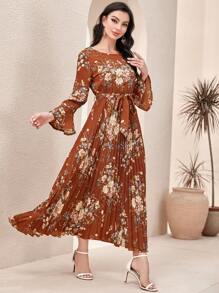 Modelyn 優雅 保守腰帶 百褶花卉印花女士連衣裙 - 棕色 - 查看 3