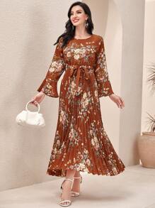 Modelyn 優雅 保守腰帶 百褶花卉印花女士連衣裙 - 棕色 - 查看 4