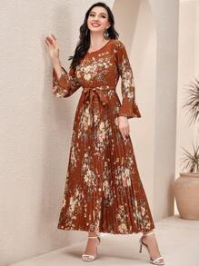 Modelyn 優雅 保守腰帶 百褶花卉印花女士連衣裙 - 棕色 - 查看 5