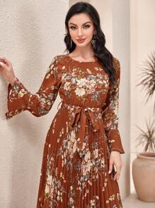 Modelyn 優雅 保守腰帶 百褶花卉印花女士連衣裙 - 棕色 - 查看 6