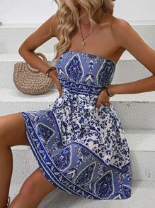 Breezaya فستان أنبوبي مطبوع بنقشة كاملة مزود بحزام، إطلالة شاطئية للنساء