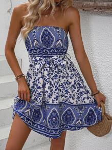 Breezaya فستان أنبوبي مطبوع بنقشة كاملة مزود بحزام، إطلالة شاطئية للنساء