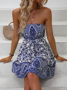 Breezaya فستان أنبوبي مطبوع بنقشة كاملة مزود بحزام، إطلالة شاطئية للنساء