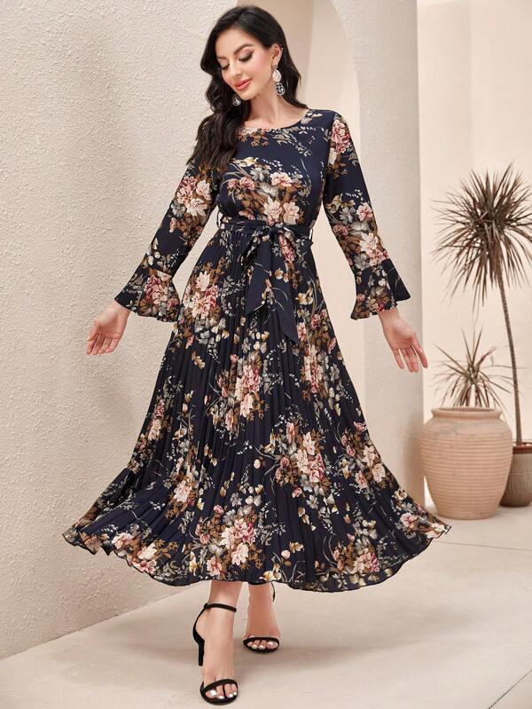 Modelyn Floral Print Flounce Sleeve Belted Pleated Hem Dress Maxi Women Outfit Long Evening Dresses
