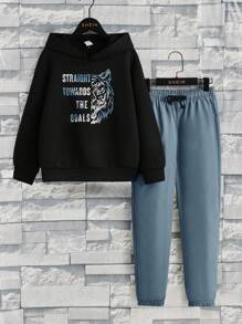 SHEIN Tween Boy Tiger & Slogan Graphic Hoodie & Drawstring Waist Pants - Dusty Blue - View 1
